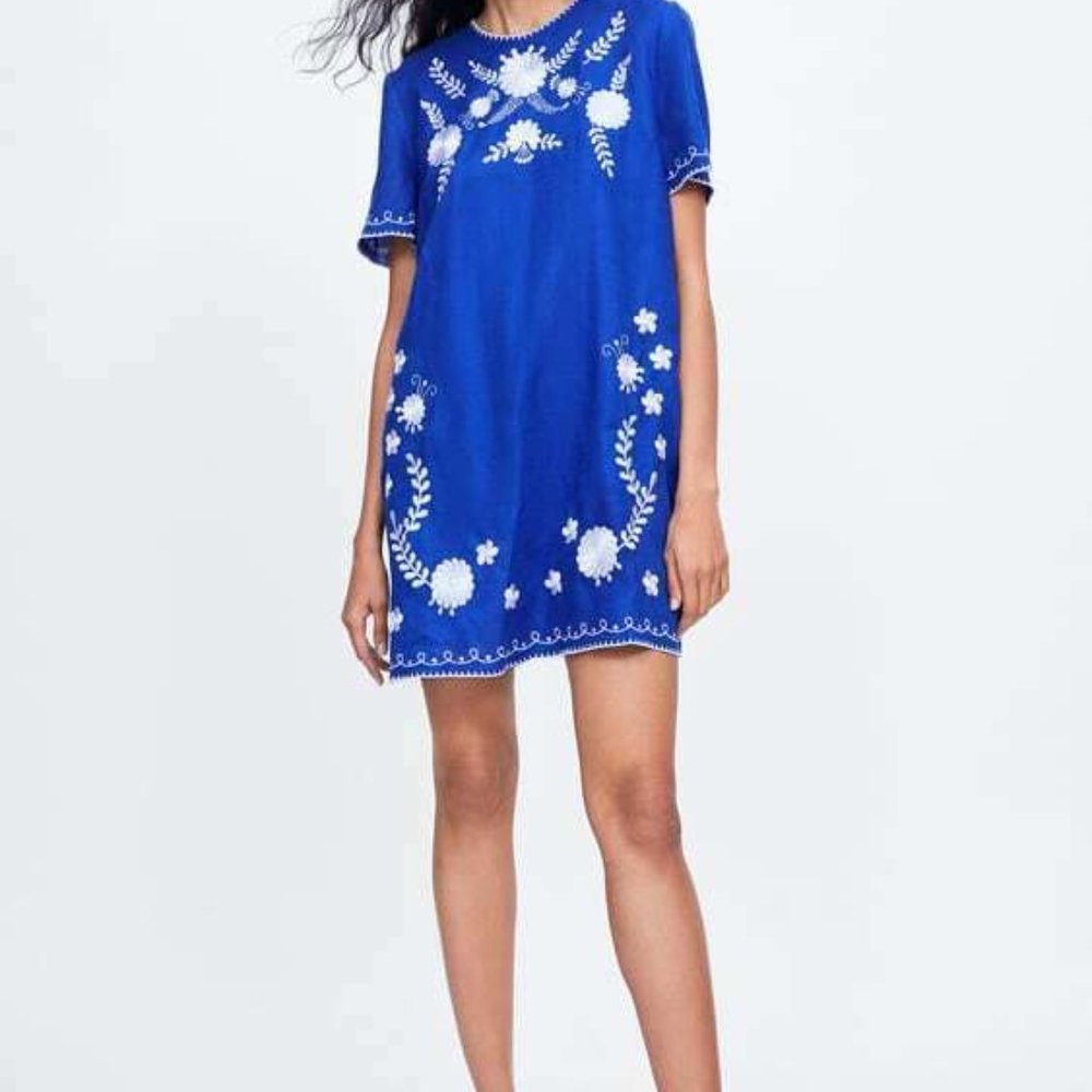 Zara Embroidered Floral Shift Linen Dress Blue White Women's Size Small H12693 - Picture 11 of 11